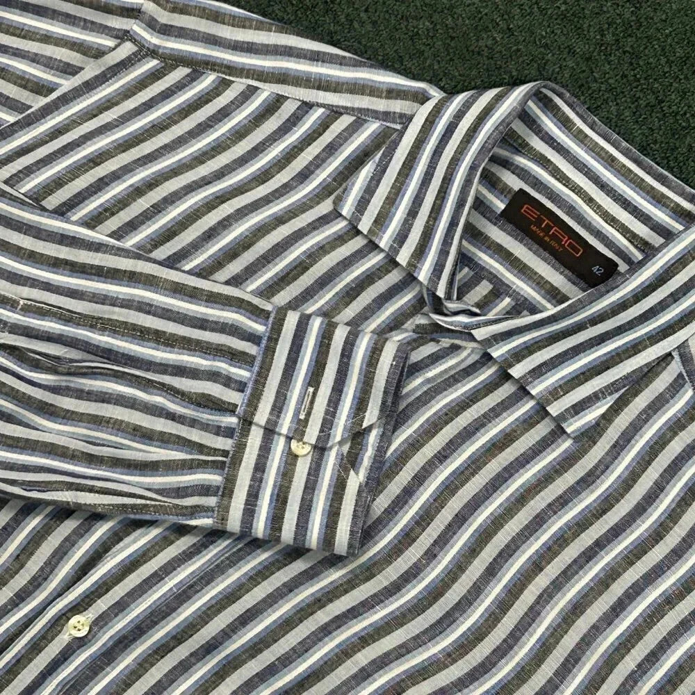 etro Men's Designer Blue and Gray Striped 100% Linen Spread Collar Shirt Large